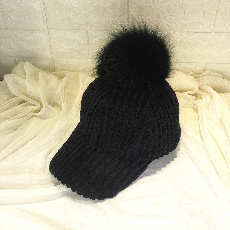 真狐狸毛球帽子女韩版潮鸭舌帽冬天户外保暖棒球帽学生帽潮灯芯绒