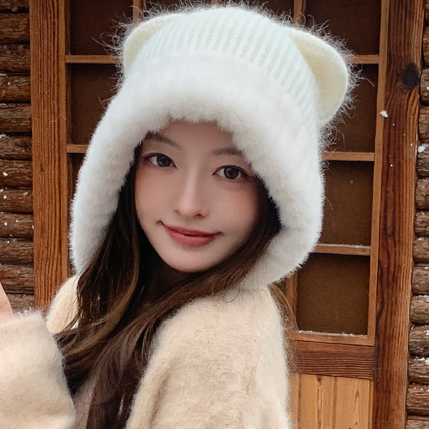 冬季猫耳毛绒护耳保暖针织帽女