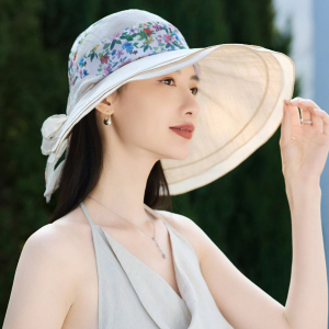 大檐花朵绑带蝴蝶结帽子女款2026新款遮阳帽防晒帽时尚空顶渔夫帽