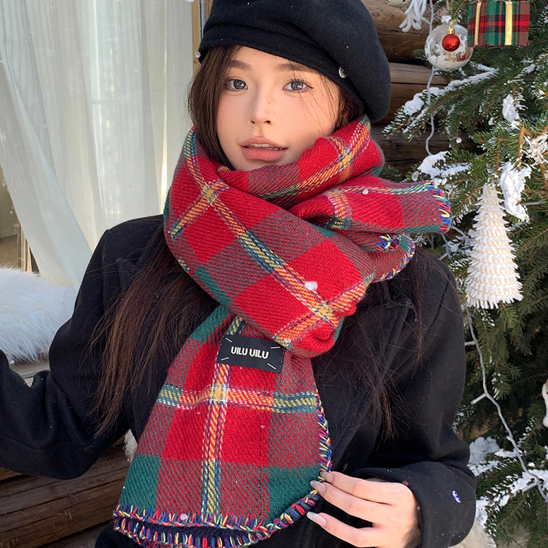 圣诞红色格子大围巾女2025冬季新款韩系保暖氛围感披肩学院风围脖