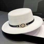 英伦复古平顶毛呢礼帽男春秋季 优雅宽檐白色百搭洋气平檐帽子女款