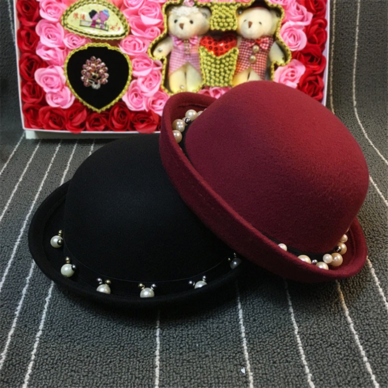 帽子女韩版春秋珍珠款爵士帽时尚百搭圆顶小礼帽卷边亲子毛呢帽潮