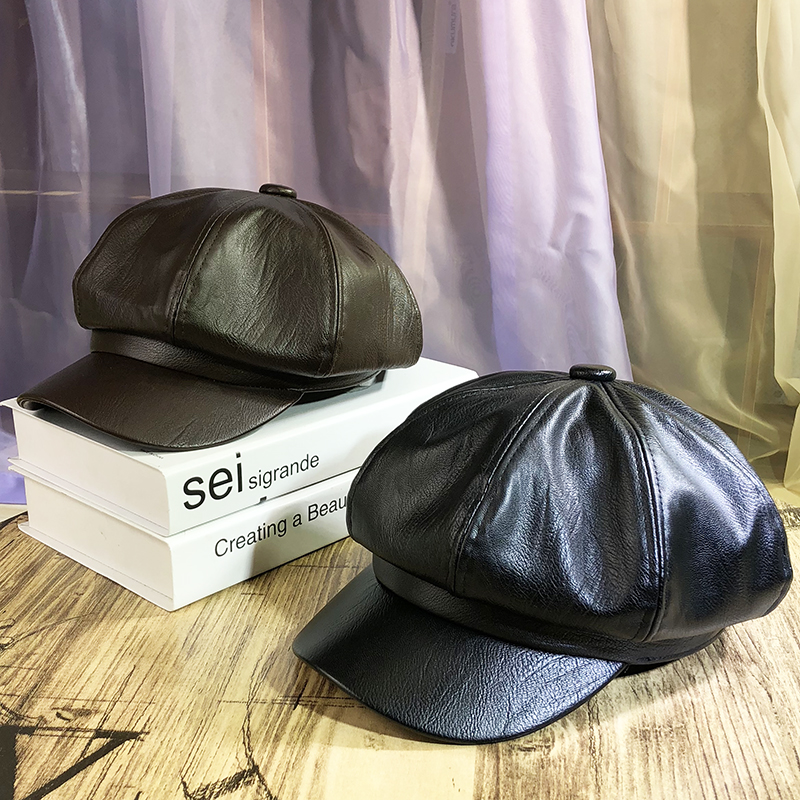 皮八角帽子女潮韩版秋冬时尚画家帽百搭皮帽鸭舌贝雷帽1014u