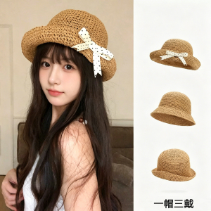 法式蝴蝶结草编帽子女款夏季新款透气遮阳帽沙滩度假风防晒帽草帽