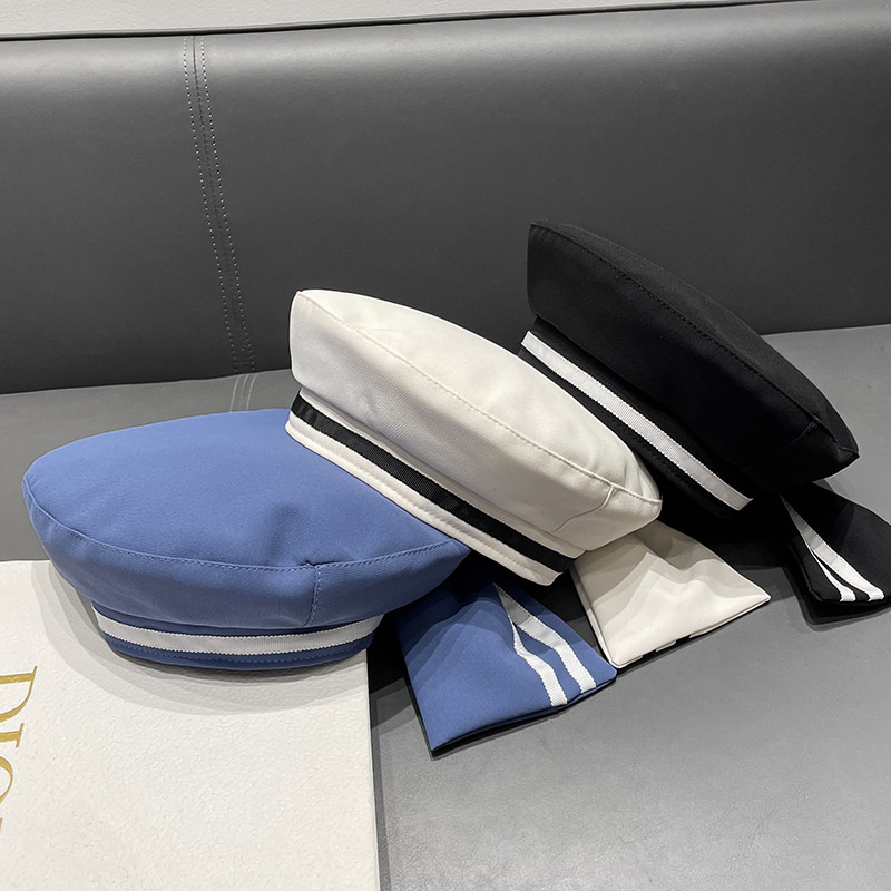 贝雷帽逛街甜美春夏季条纹蝴蝶结