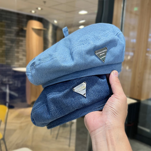 日系网红三角标薄款牛仔贝雷帽子女春夏天时尚百搭画家蓓蕾帽夏季