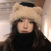 可爱猫耳羊羔绒渔夫帽子女2026冬季 户外防风护耳保暖毛绒冬帽 新款