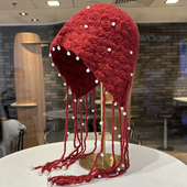 珍珠流苏洋气吊坠红色针织帽子女2026春秋季 复古护耳包头帽 新款