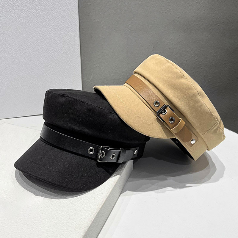 韩版ins画家帽皮带扣平顶短檐鸭舌帽子女春秋季英伦复古报童帽潮