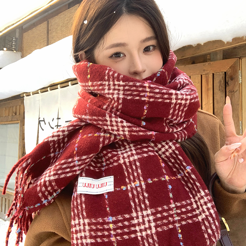 韩版红色格子流苏针织围巾女冬季2025新款加厚保暖防寒围脖氛围感