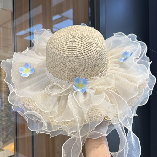 春夏宽檐防晒花朵蕾丝草编女帽