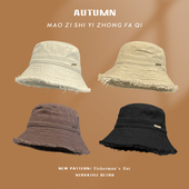 休闲百搭遮脸显脸小大檐盆帽男 毛边情侣渔夫帽子女春秋季 韩版 个性