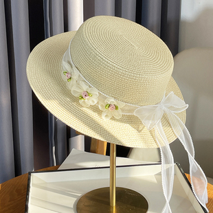 帽子女款2026新款夏季海边遮阳防晒帽法式复古花戎蝴蝶结绑带草帽