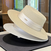 法式 平顶礼帽优雅绸缎气质草编遮阳帽子女防晒帽 平顶草帽春夏新款