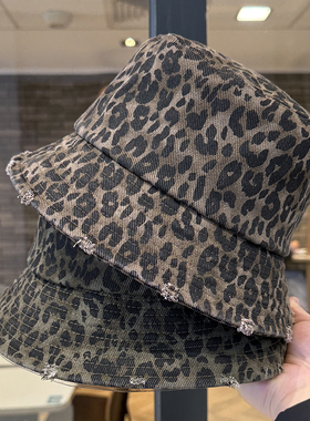 春秋新款豹纹渔夫帽子女时尚百搭做旧破洞盆帽大头围显脸小防晒帽