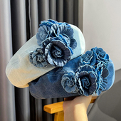 日系小众撞色立体花朵牛仔贝雷帽子女春夏季 网红显脸小百搭画家帽