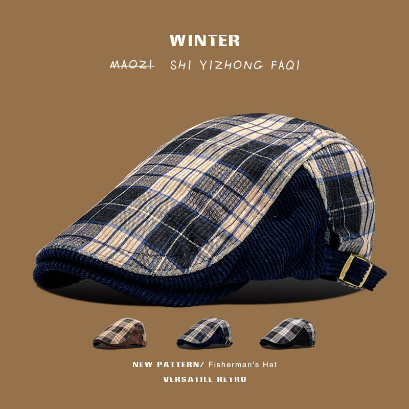 复古休闲灯芯绒前进帽子女秋冬英伦风街头格纹鸭嘴帽报童鸭舌帽男