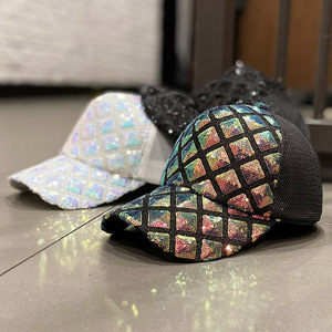 韩版ins亮片格子网纱透气鸭舌帽子女春夏天百搭防晒遮阳棒球帽潮