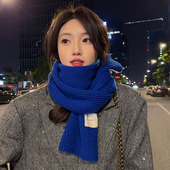 韩版 百搭学生情侣保暖加厚围脖 简约克莱因蓝显白针织围巾女秋冬季