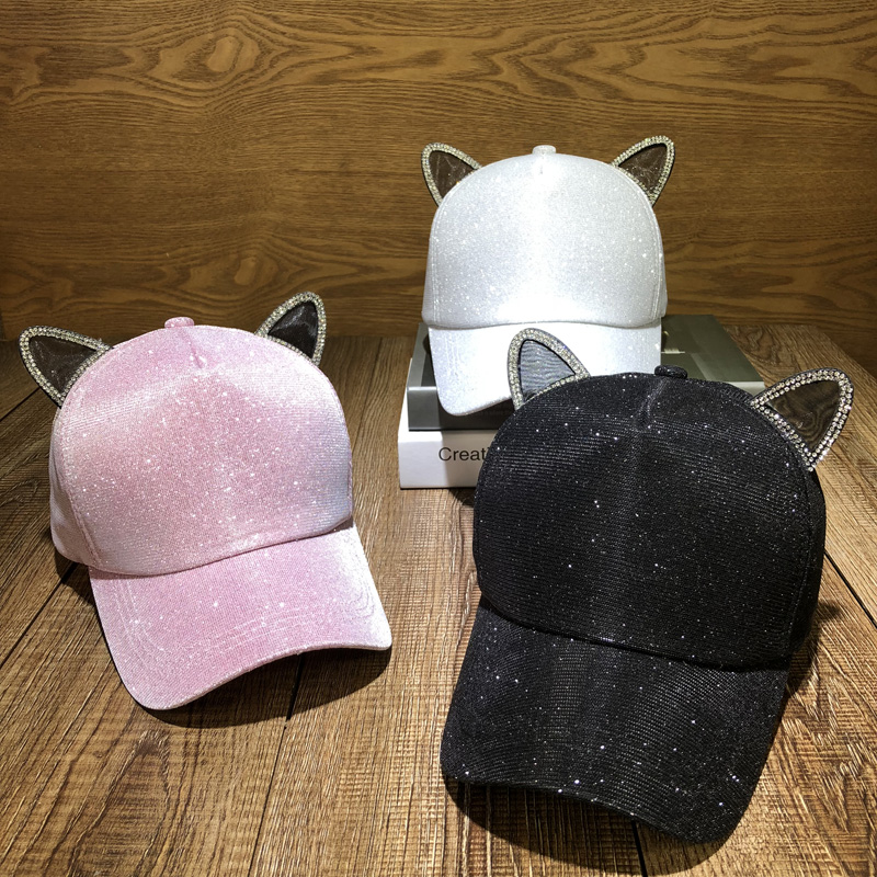 2025新款韩版百搭水钻猫耳朵鸭舌帽女夏天透气银粉亮片防晒棒球帽
