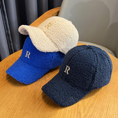 冬季 加厚保暖简约百搭显脸小棒球帽男 羊羔绒R字母鸭舌帽子女韩版