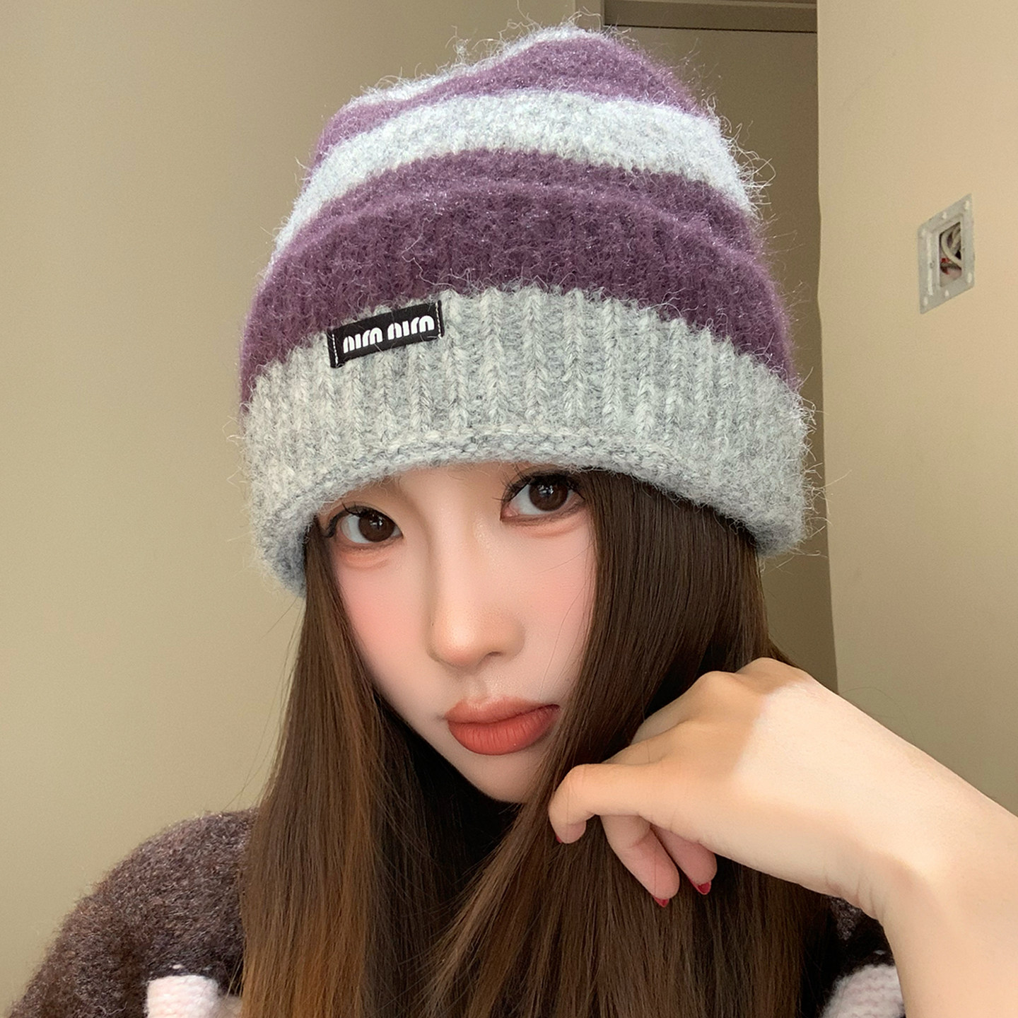 秋冬拼色针织保暖帽女大头围