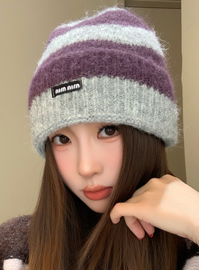秋冬拼色针织保暖帽女大头围