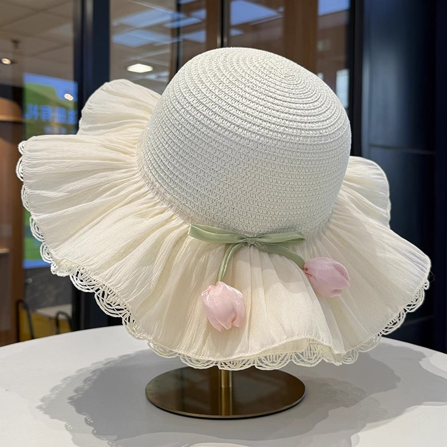 郁金香蕾丝花边草帽女夏季海边沙滩度假风遮阳防晒大帽檐太阳帽子 - 帽子是一种法器出品