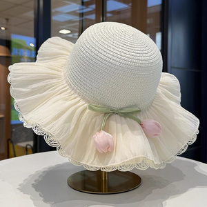 郁金香蕾丝花边草帽女夏季海边沙滩度假风遮阳防晒大帽檐太阳帽子