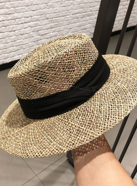 草编网红平顶帽子女款草帽夏季礼帽英伦海边度假防晒帽镂空遮阳帽