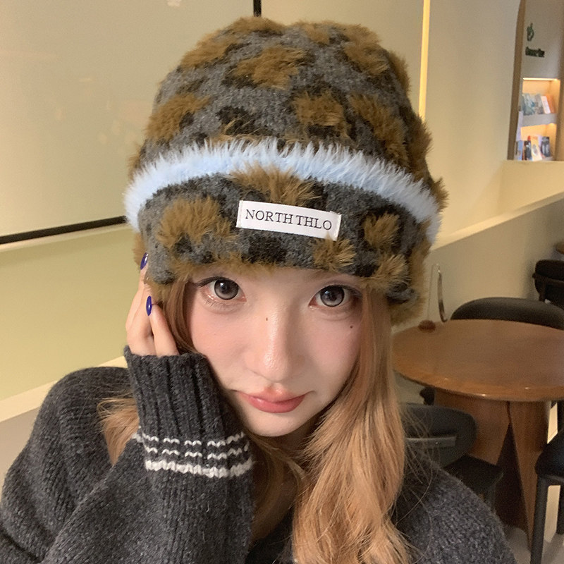 韩版复古豹纹保暖针织帽显脸小