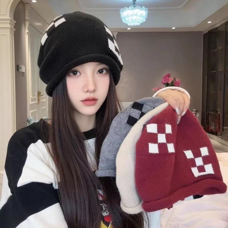 针织抽绳堆堆帽女秋冬毛线帽护耳