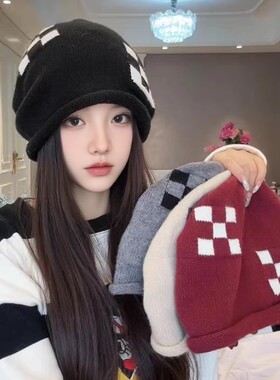 针织抽绳堆堆帽女秋冬毛线帽护耳