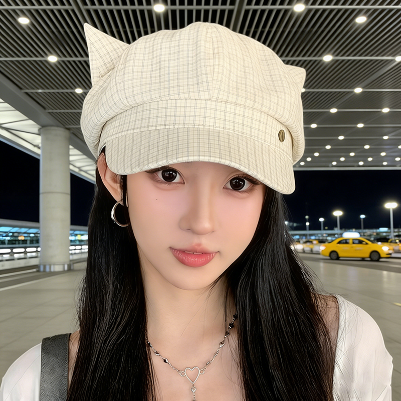 2025新款可爱猫耳格纹八角帽子女宽檐显脸小时尚百搭画家帽鸭舌帽,服饰配件/皮带/帽子/围巾,帽子,淘宝优惠券,粉丝福利购,淘宝优惠卷