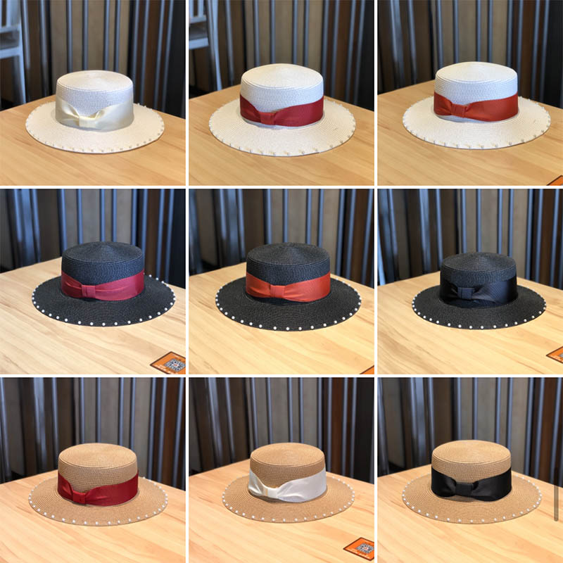 帽子女韩国时尚珍珠蝴蝶结平顶草帽春夏季出游大檐防晒遮阳帽礼帽