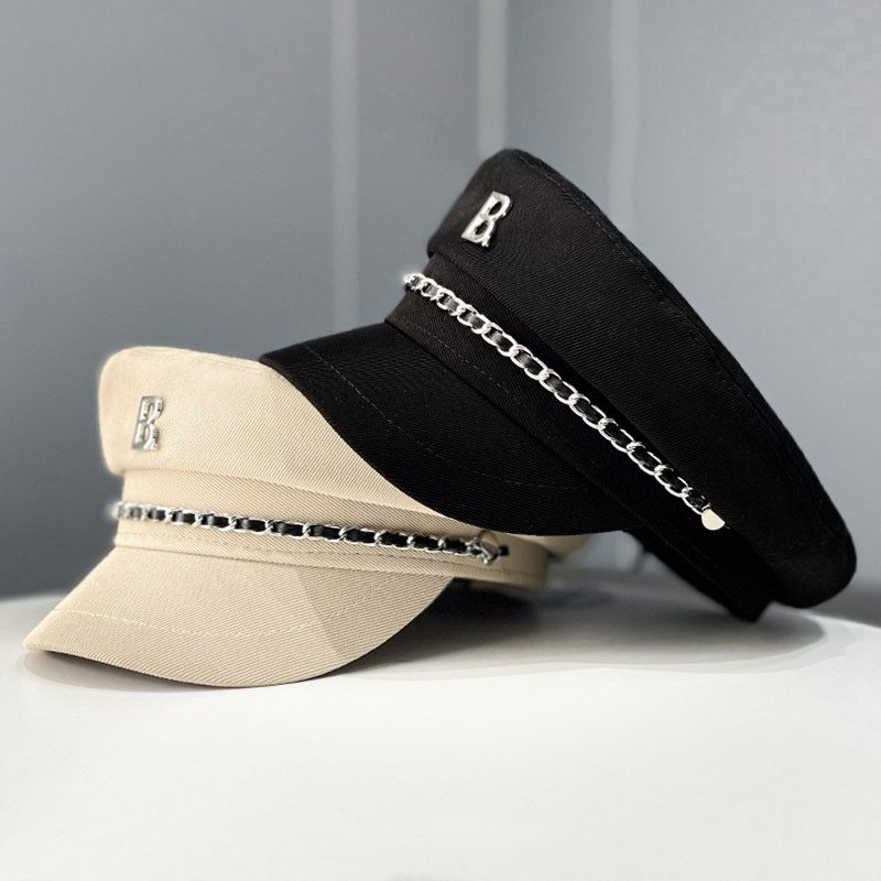韩版ins链扣b字母平顶鸭舌帽子女春秋天百搭复古英伦时尚报童帽潮