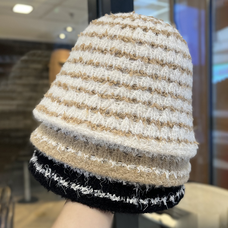 条纹渔夫帽女秋冬款桶形帽显脸小