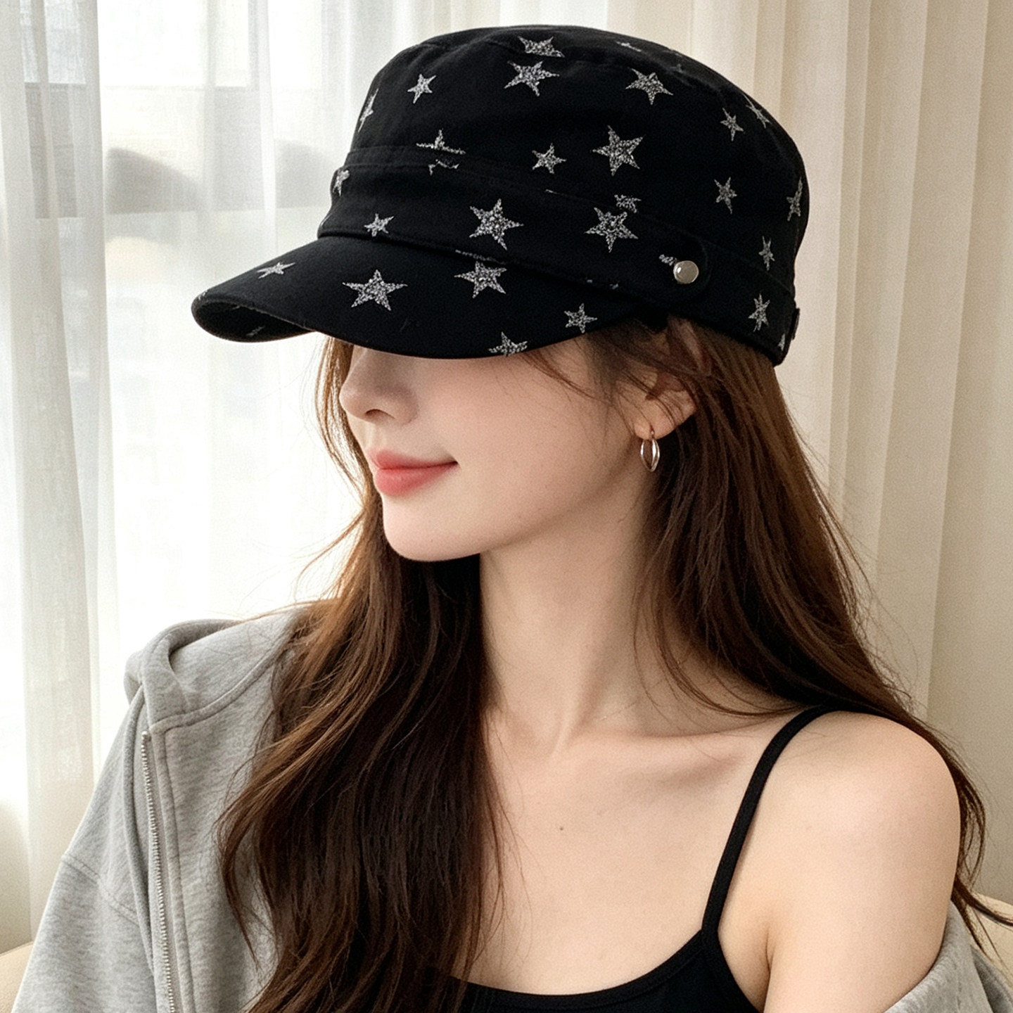 美式复古星纹防晒宽檐棒球帽女