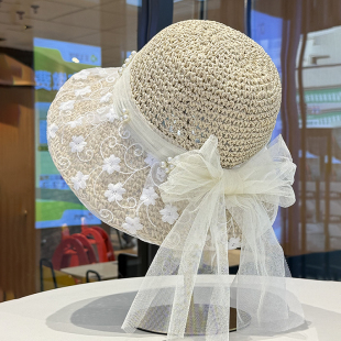 日系蕾丝蝴蝶结草帽子女款夏季海边度假百搭遮阳防晒大帽檐遮阳帽