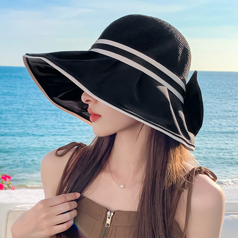 帽子女款2025新款大檐黑胶渔夫帽夏季百搭出游度假海边防晒遮阳帽