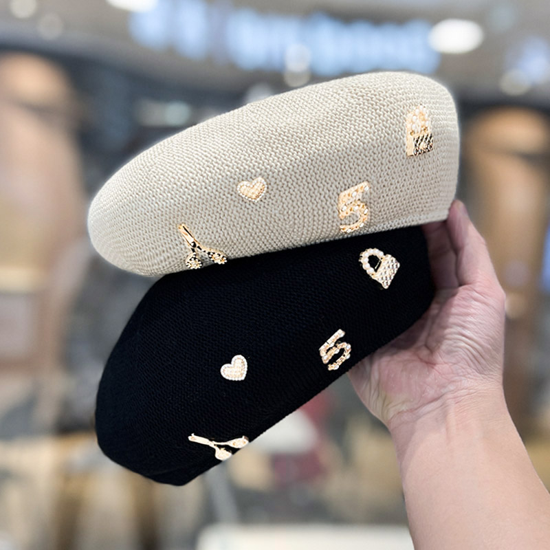 2025年新款针织金属标贝雷帽子女春夏季韩版时尚百搭画家蓓蕾帽潮