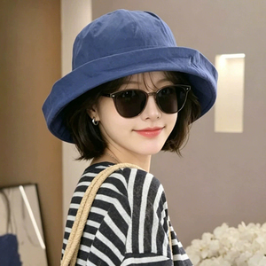 日系蓝色宽檐卷边帽子女透气亚麻遮阳帽夏季新款防晒帽渔夫帽盆帽