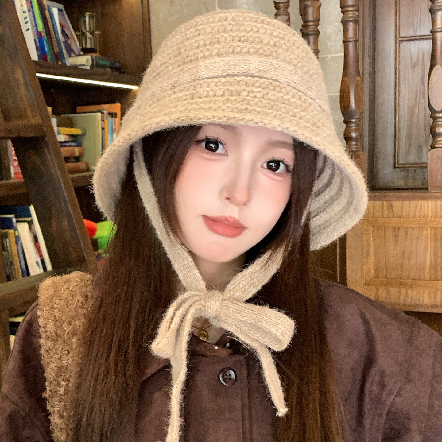 韩版宽檐绑带针织渔夫帽女保暖