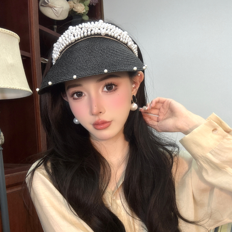 草编珍珠空顶帽子女夏季透气防晒遮阳沙滩韩版网红百搭发箍草帽潮