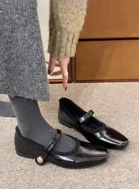 羊皮版~法式晚晚单鞋女内增高复古方头浅口玛丽珍通勤保暖毛毛鞋