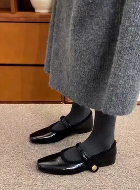 羊皮版复古玛丽珍鞋女方头秋冬季加绒保暖毛毛棉鞋平底晚晚单鞋女