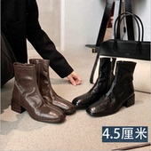 牛皮版 方头复古瘦瘦靴侧拉链短靴女秋冬粗跟小踝靴切尔西马丁靴