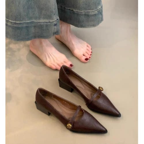 尖头高跟鞋女山茶花一字扣单鞋女