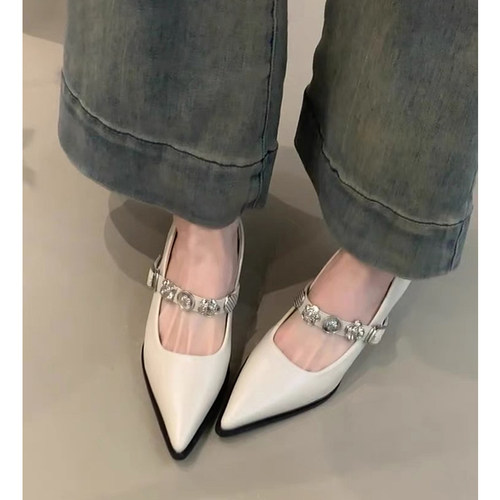 羊皮版法式浅口高跟鞋女2025新款一字扣粗跟单鞋尖头气质玛丽珍鞋