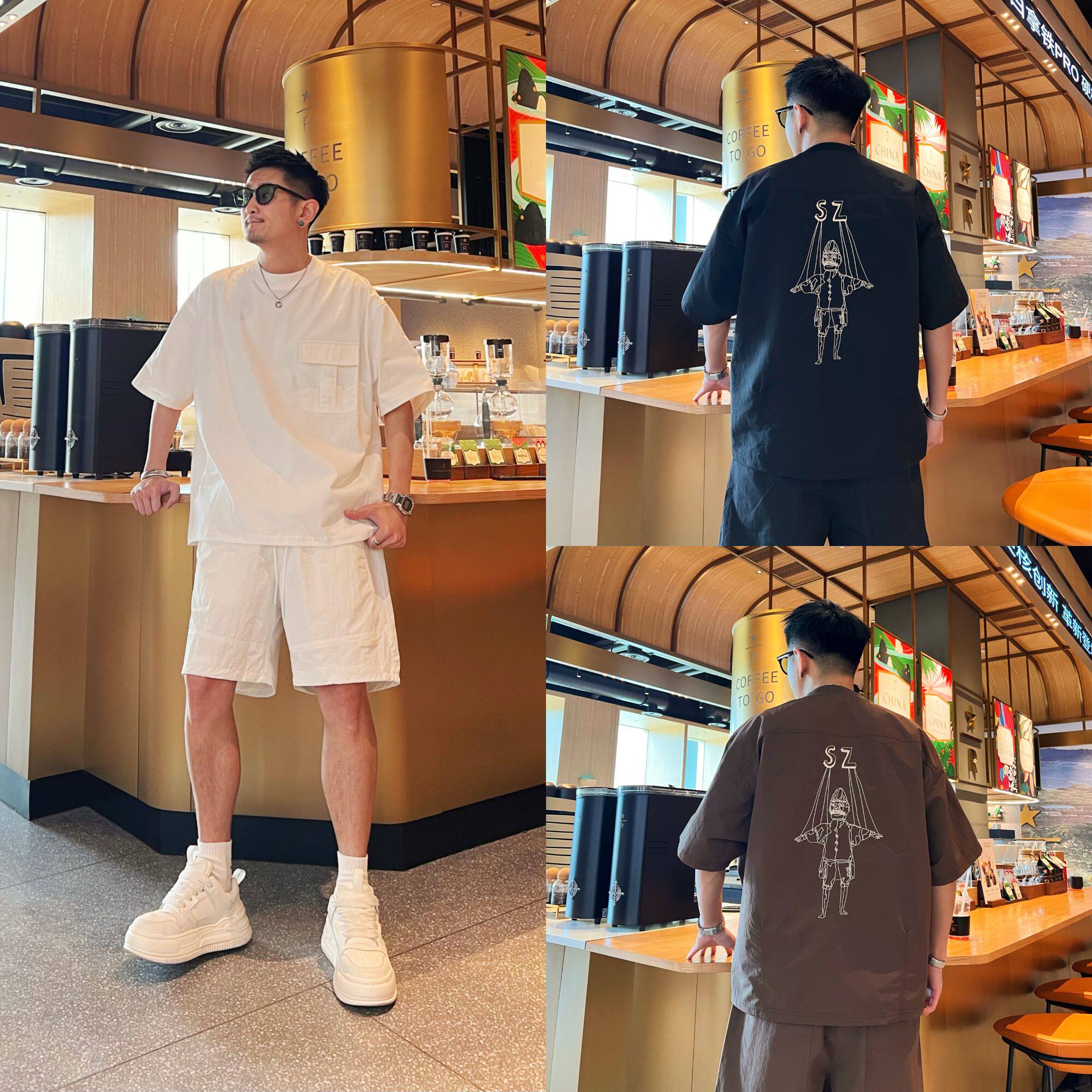 夏季新款百搭潮流立体贴袋设计刺绣圆领男款短袖短裤休闲时尚套装